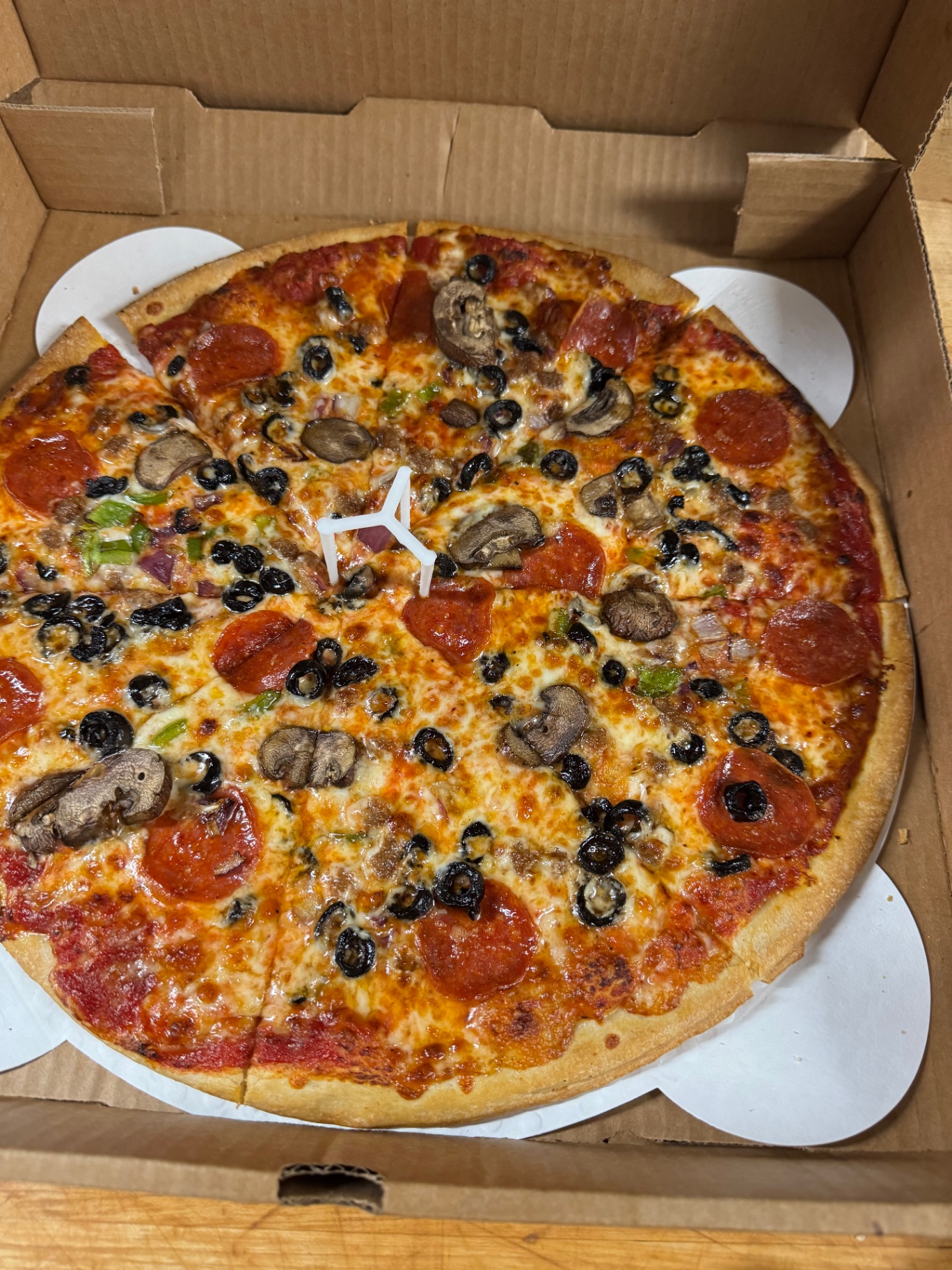 Supreme pizza ready for delivery