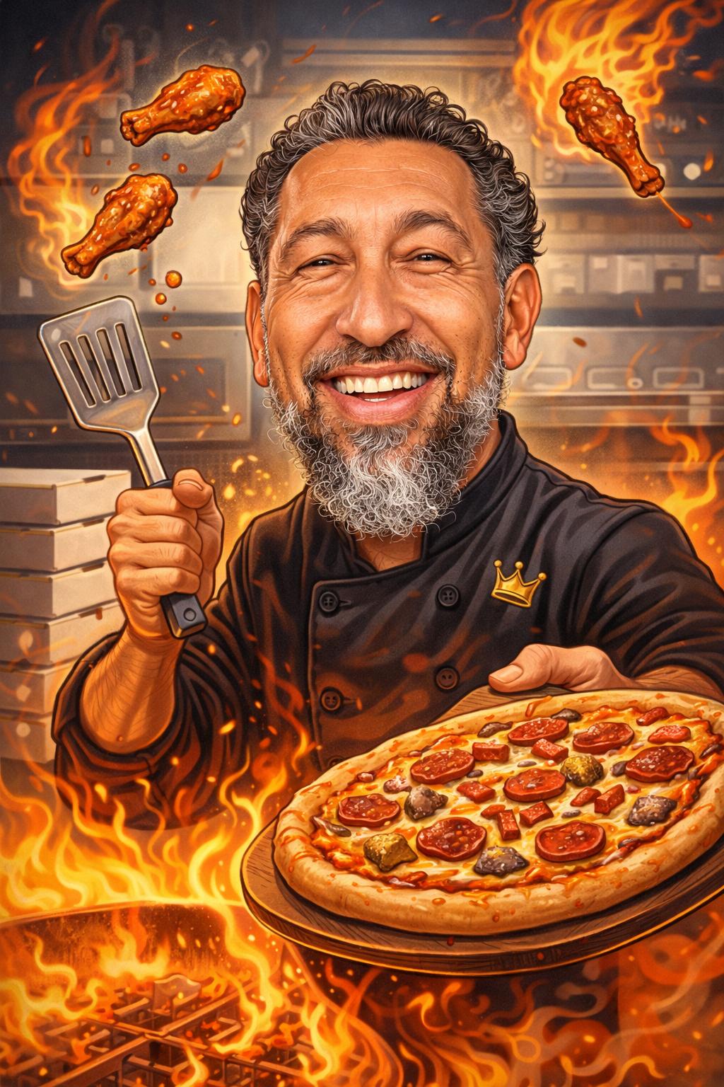 Blaz'N Dough chef illustration with flames and pizza