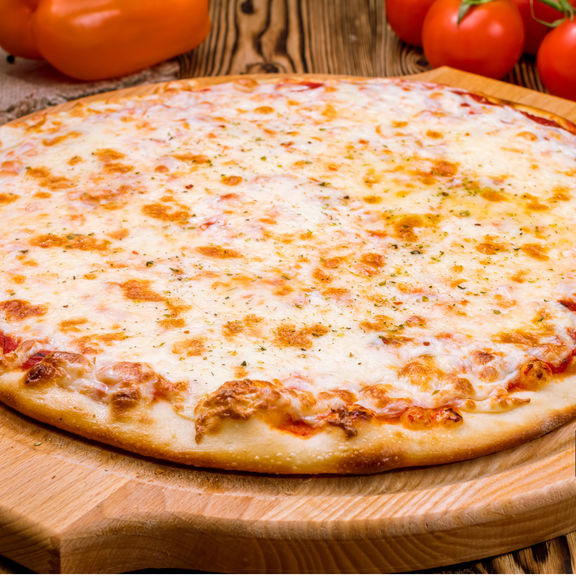 Medium cheese pizza on a wooden board